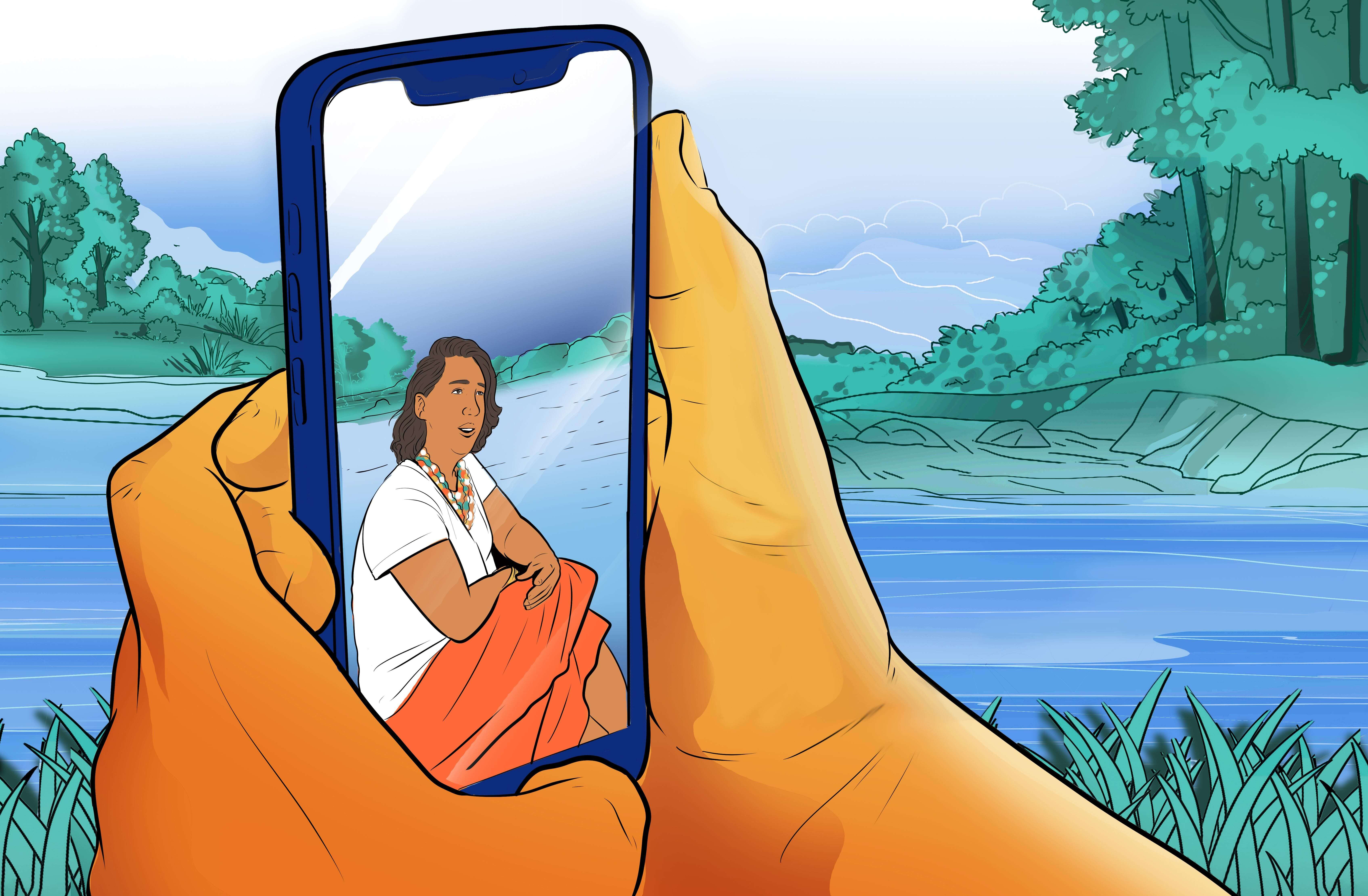 A ilustração mostra um par de mãos em primeiro plano, segurando um celular azul. O celular está exibindo uma foto de uma mulher de pele escura sentada ao ar livre. A mão que segura o celular está em foco e delineada em laranja, enquanto o fundo é uma paisagem natural de rio e floresta, em tons de azul e verde, que continua para fora da tela do celular.