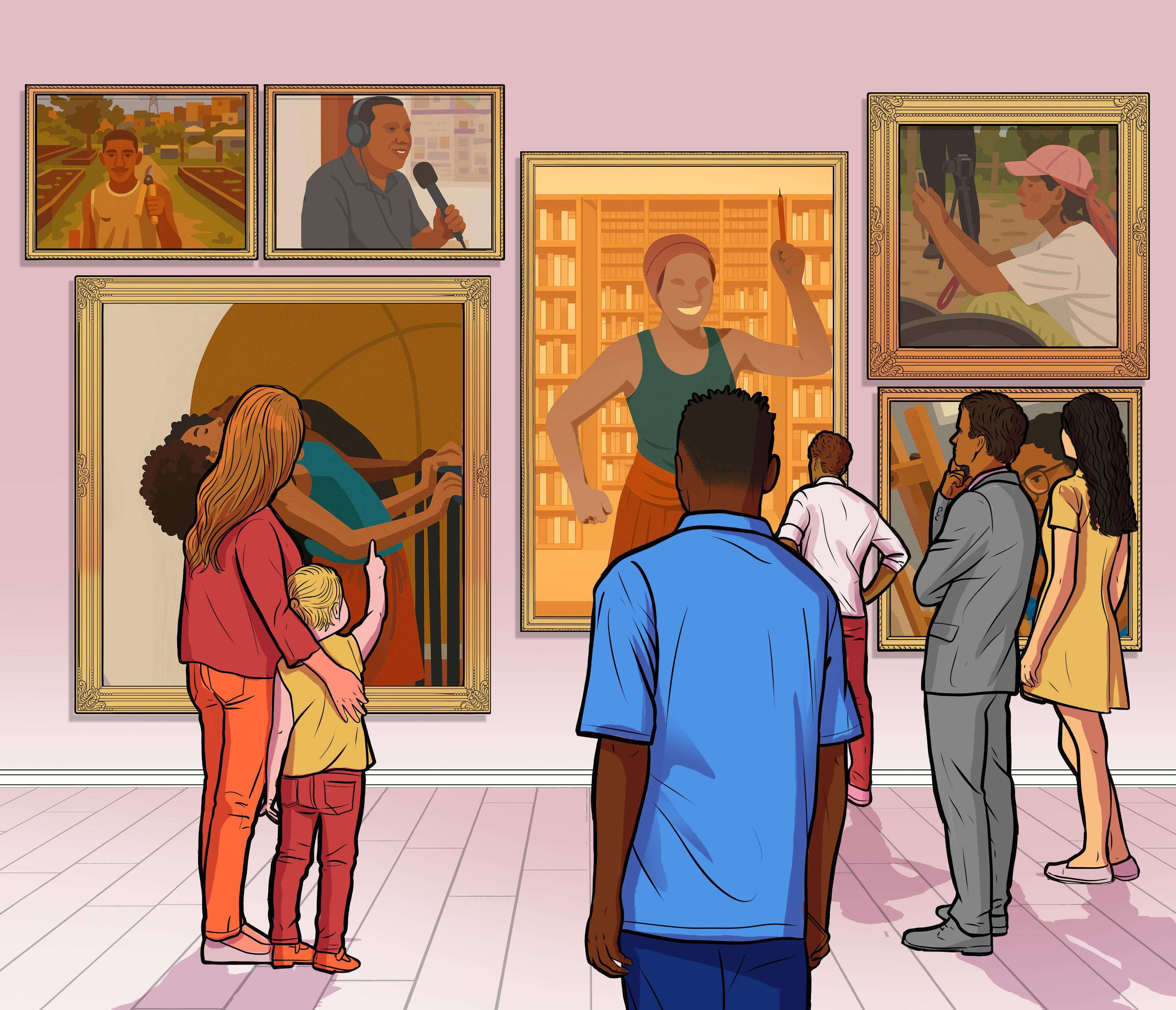 A ilustração retrata um grupo de pessoas em uma galeria de arte, observando diversas pinturas emolduradas em um fundo rosa claro. As pessoas são de diferentes idades e etnias, vestindo roupas variadas. No centro, um homem de costas, com uma camiseta azul, observa uma grande pintura de uma mulher com um lápis na mão, em uma biblioteca. À esquerda, um casal e um jovem observam uma pintura de uma mulher em uma cadeira de rodas. À direita, uma mulher de cabelo ruivo, com um menino, observa uma pintura de dançarinos. Há outras pinturas menores no topo, mostrando um homem falando em um microfone e uma horta. O ambiente é acolhedor e focado na apreciação da arte.