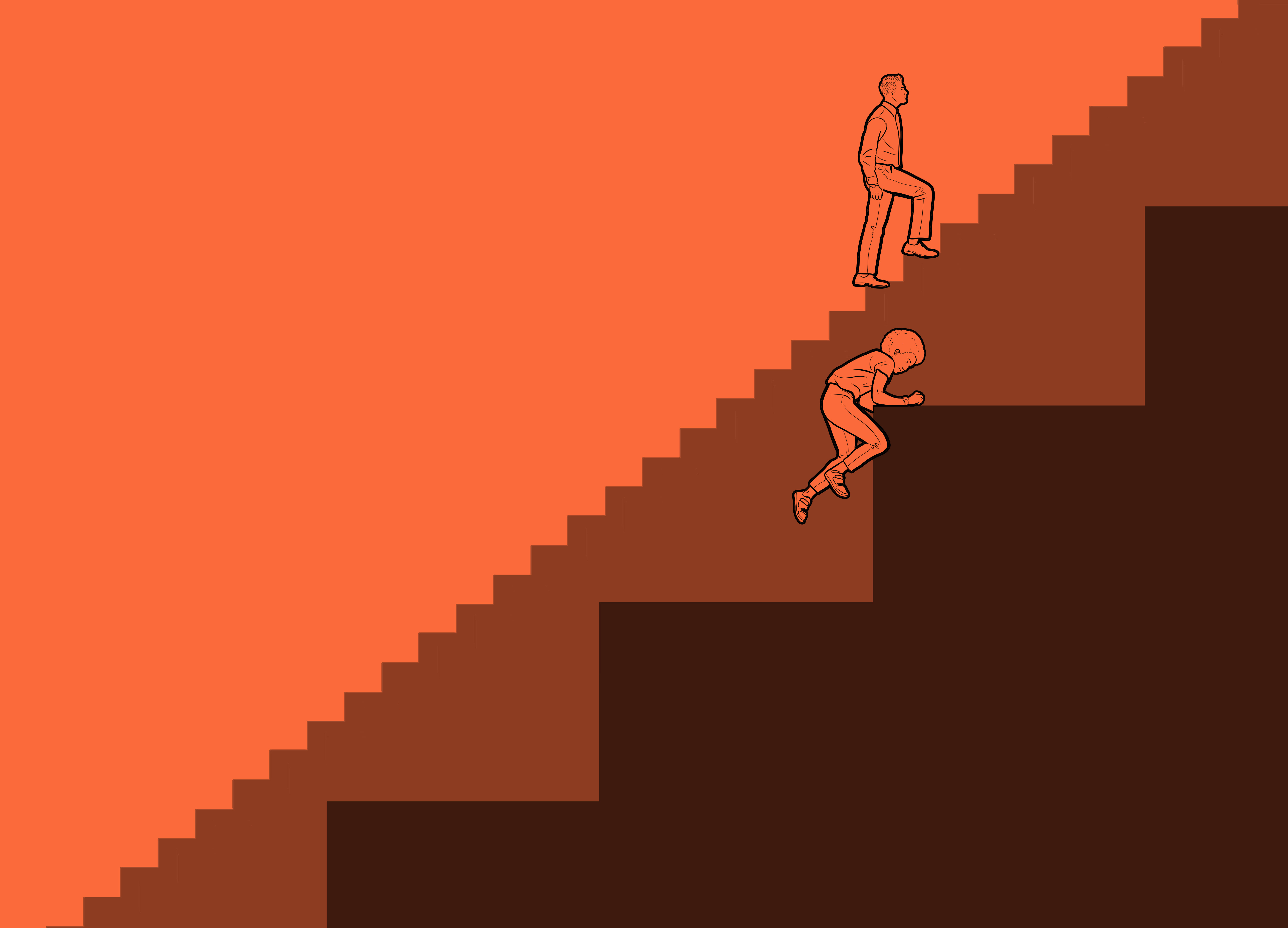 A ilustração é um gráfico visual minimalista, com um fundo em tons de laranja. A imagem é dominada por uma grande escadaria, com um lado visível à esquerda e a continuação dos degraus à direita, em tons de marrom escuro. Na parte superior da escada, um homem em silhueta, de terno, está subindo tranquilamente, com as mãos nos bolsos, representando a ascensão social sem grandes dificuldades. Mais abaixo, em uma parte mais íngreme da escadaria, uma pessoa em silhueta, com roupas mais esportivas, está subindo de quatro, em uma posição de esforço e dificuldade, sugerindo uma jornada mais árdua. A imagem, com suas duas figuras e a escada dividida, simboliza a desigualdade social e o esforço desproporcional necessário para alcançar o sucesso.